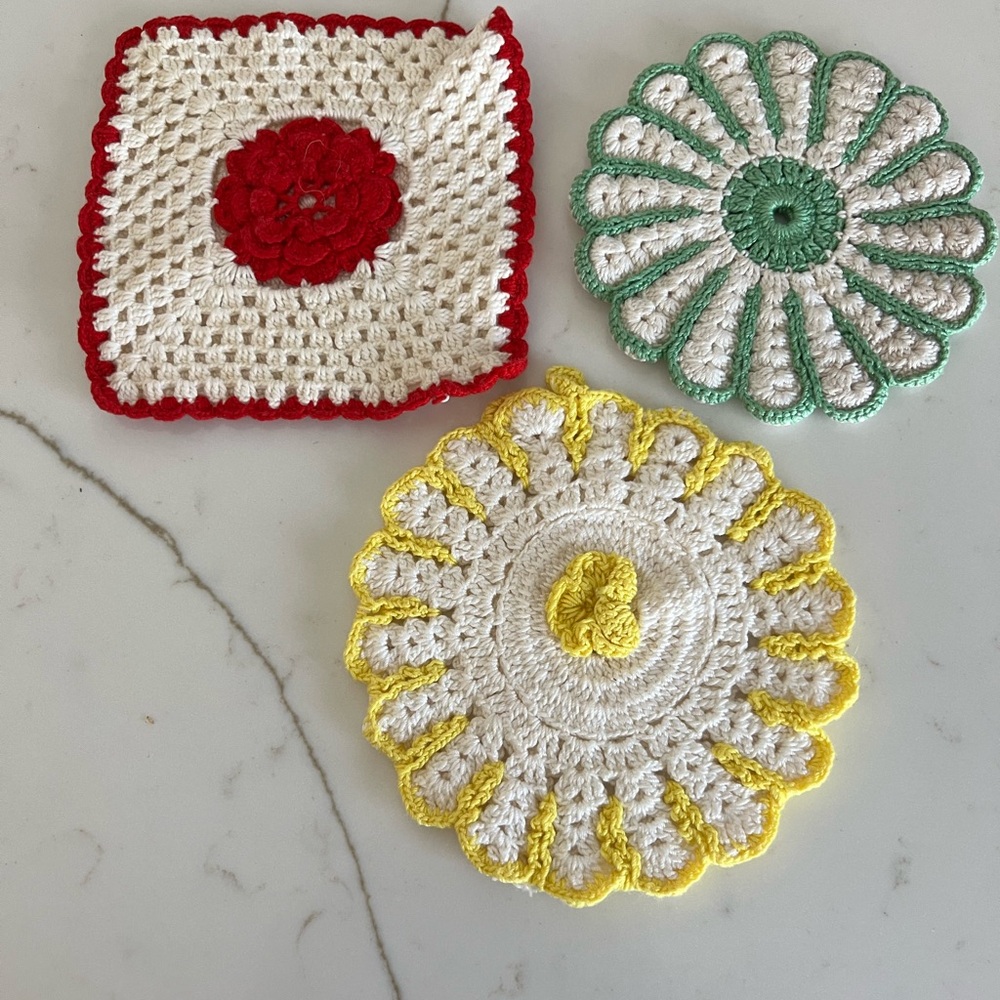 Handmade Crochet Doilies Set - White with Red, Green, and Yellow Trim